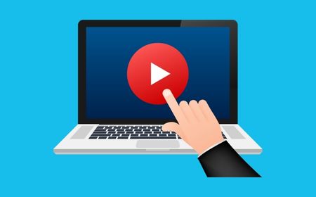 Cartoon of hand clicking a video play button.